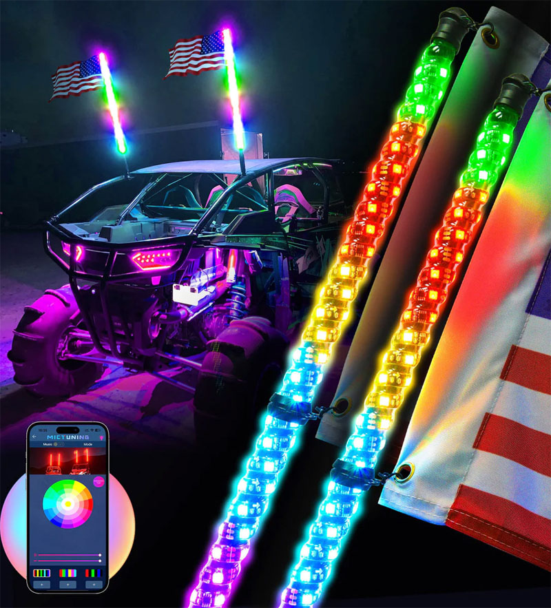 The RGB LED whip lights with varied flashing patterns controlled by app